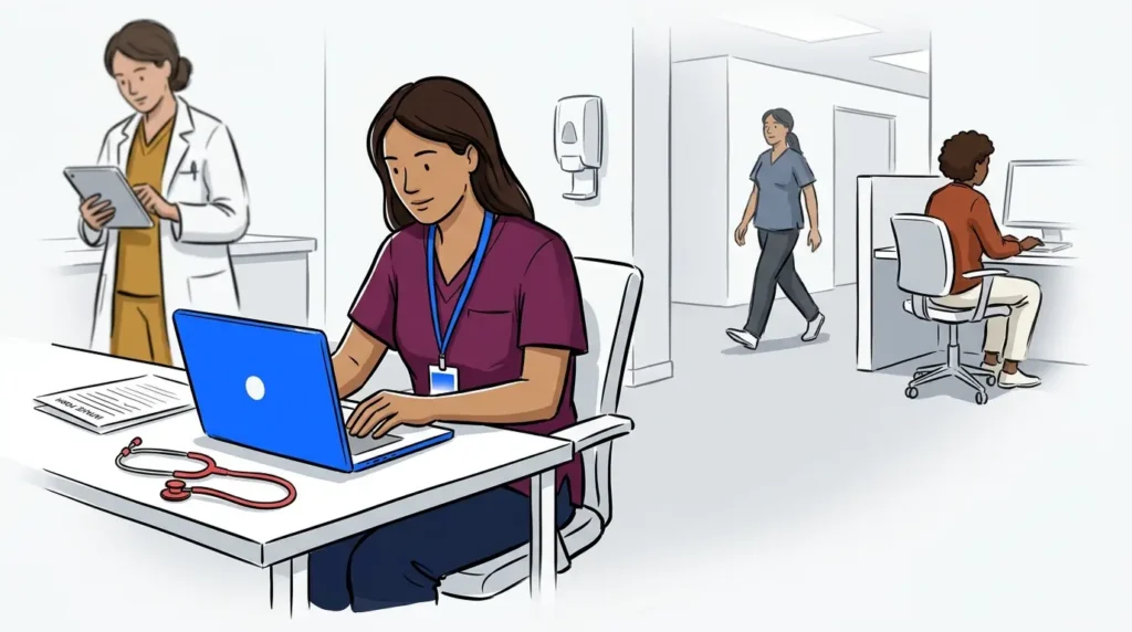 Clinic administrator evaluating healthcare waitlist software options at a medical office desk