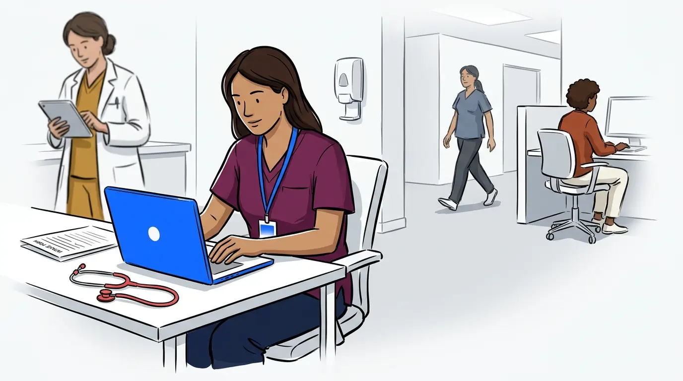 Clinic administrator evaluating healthcare waitlist software options at a medical office desk