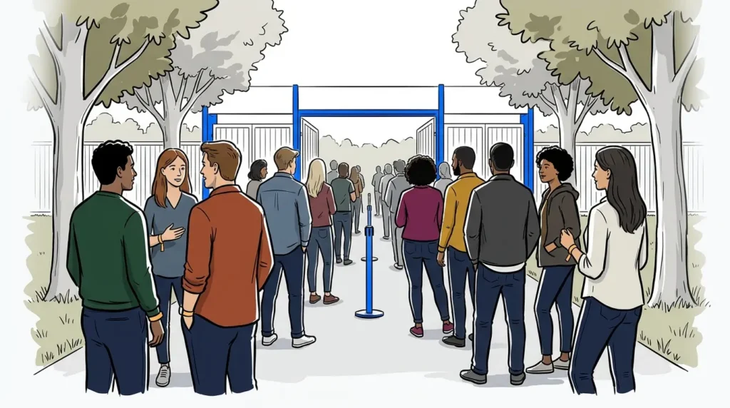 Crowd of attendees queued outside an outdoor event venue entrance lined with trees on a summer day