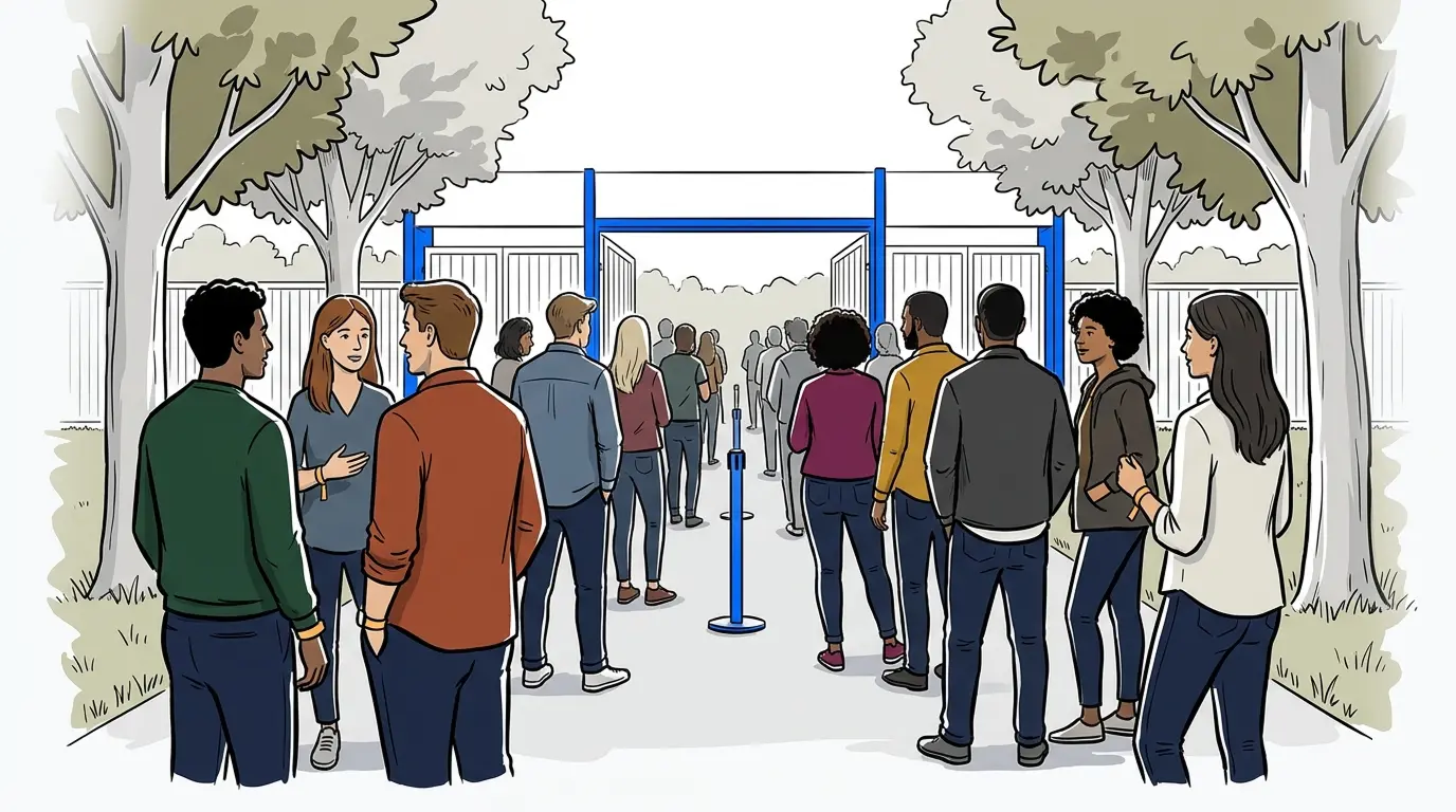 Crowd of attendees queued outside an outdoor event venue entrance lined with trees on a summer day