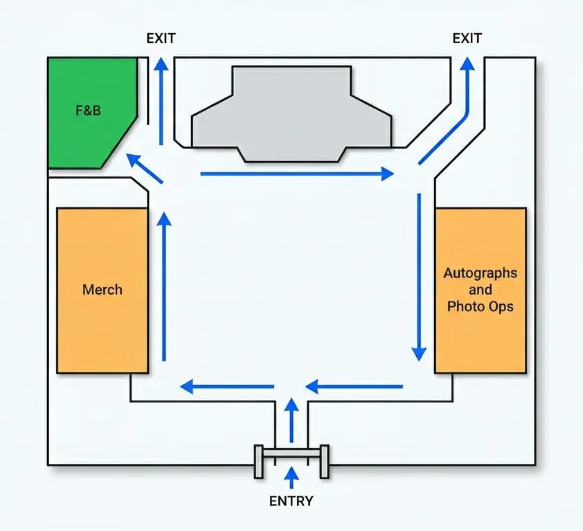 Overhead map of an outdoor event site showing entry, activation zones, F&B, and guest flow paths