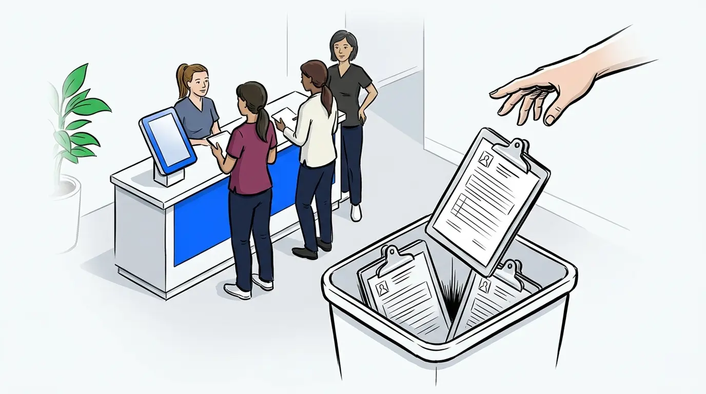 Paper clipboards discarded in a trash can representing the switch to electronic patient check-in at a doctor's office