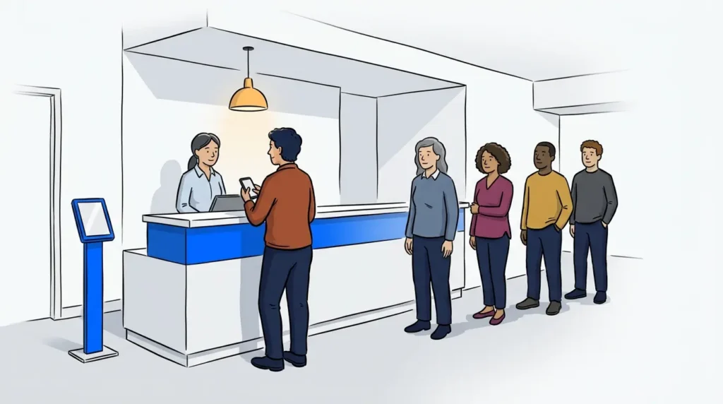 Illustration of a government office queue managed with a QLess alternative, a citizen checking their phone while waiting.