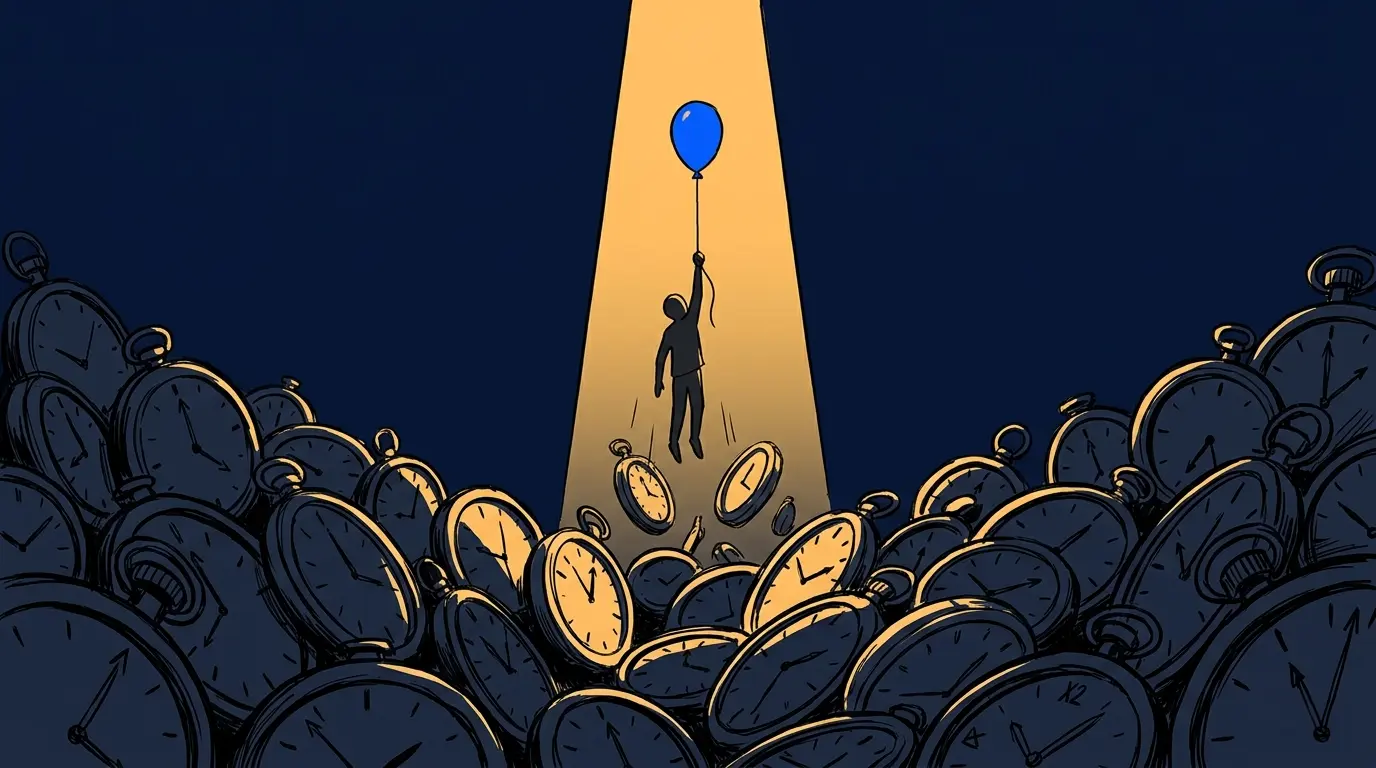 Editorial illustration of a figure escaping a sea of clocks on a balloon, representing breaking free from wait time chaos with a queue management system