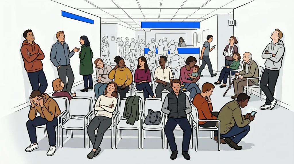 Overcrowded urgent care waiting room full of patients illustrating the need to reduce crowded waiting rooms in healthcare