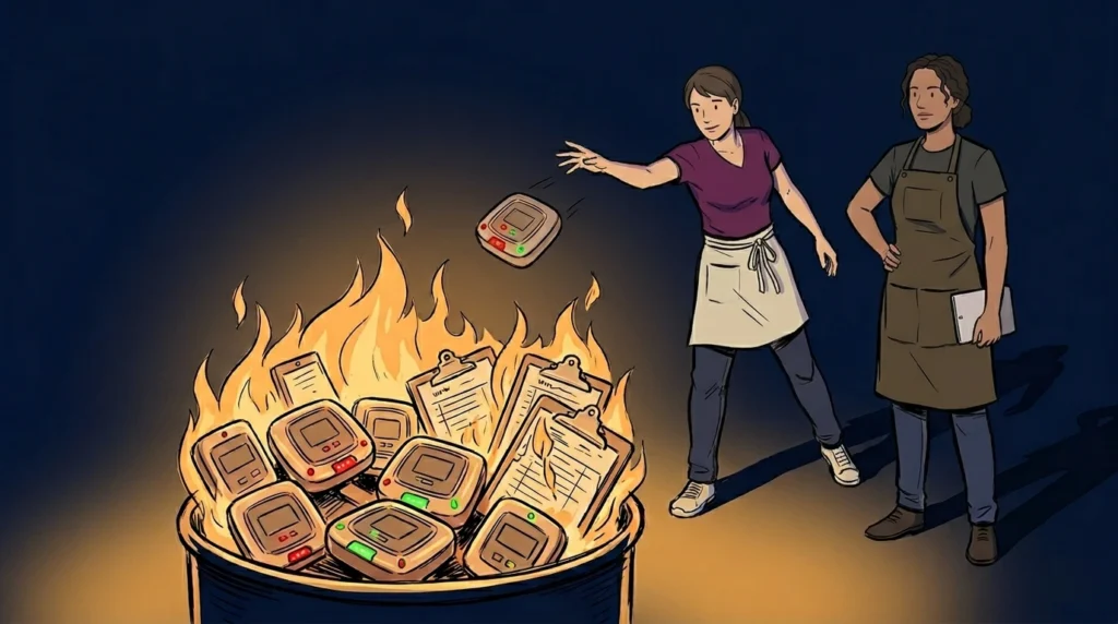 Restaurant staff replacing outdated buzzers and clipboards with NextMe digital waitlist technology