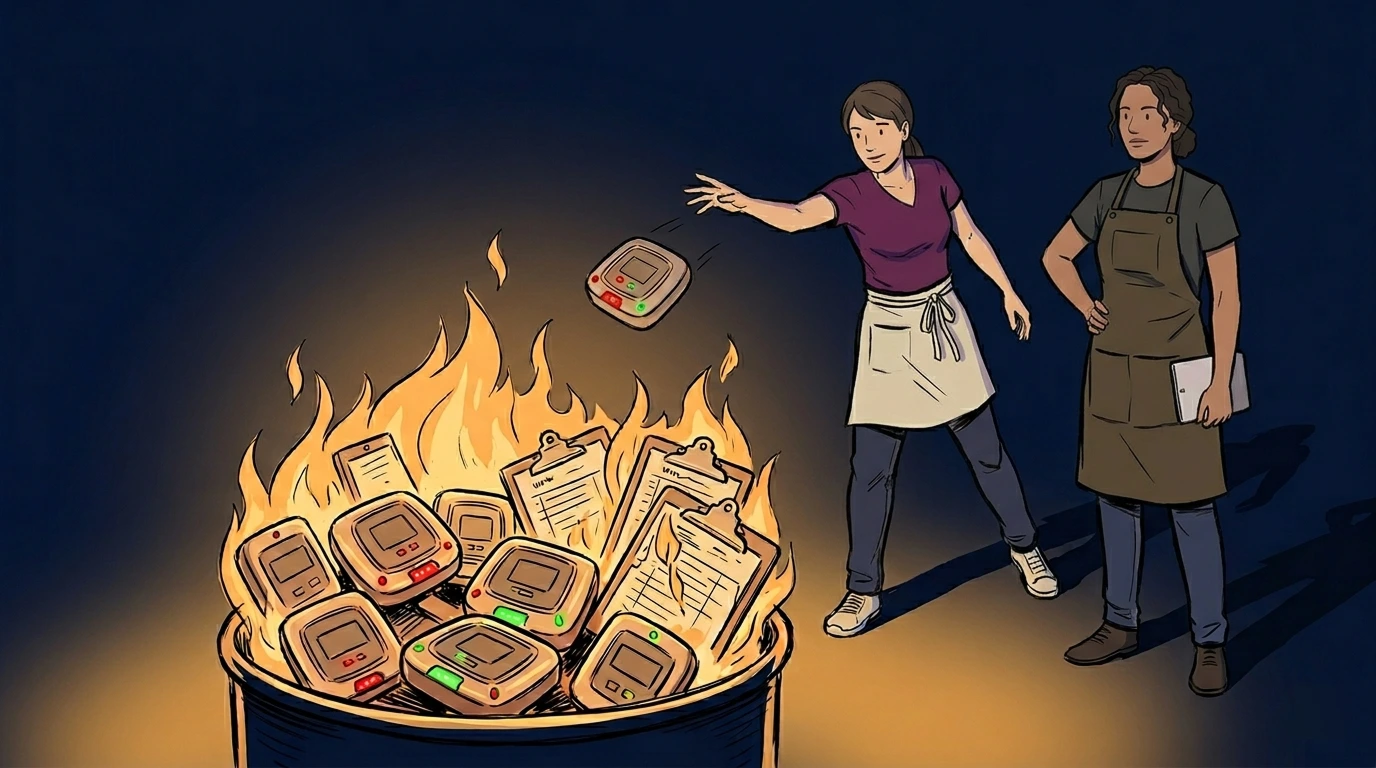 Restaurant staff replacing outdated buzzers and clipboards with NextMe digital waitlist technology