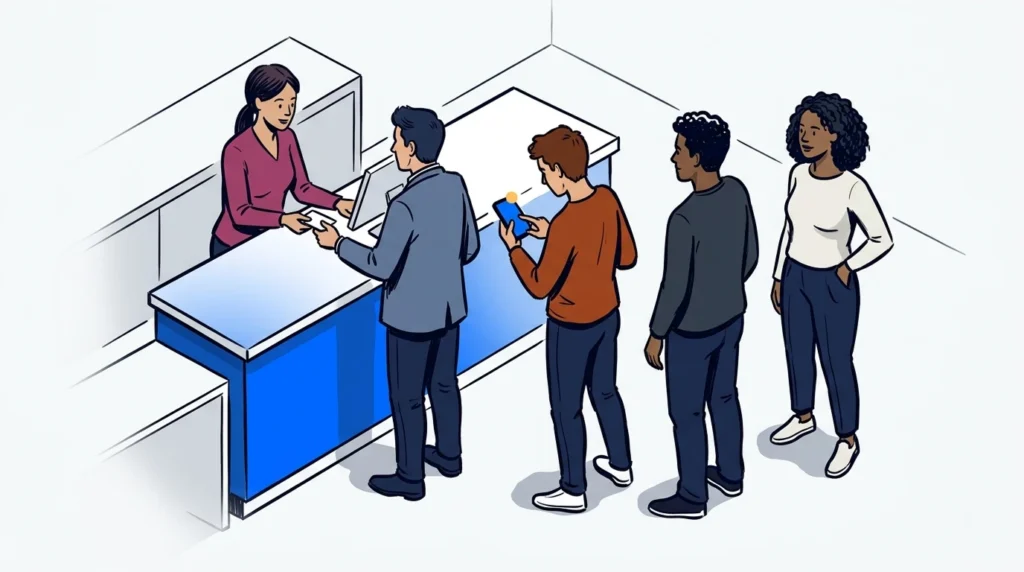 Retail service counter queue with customers waiting, illustrating the impact of checkout lines on the customer experience in retail stores