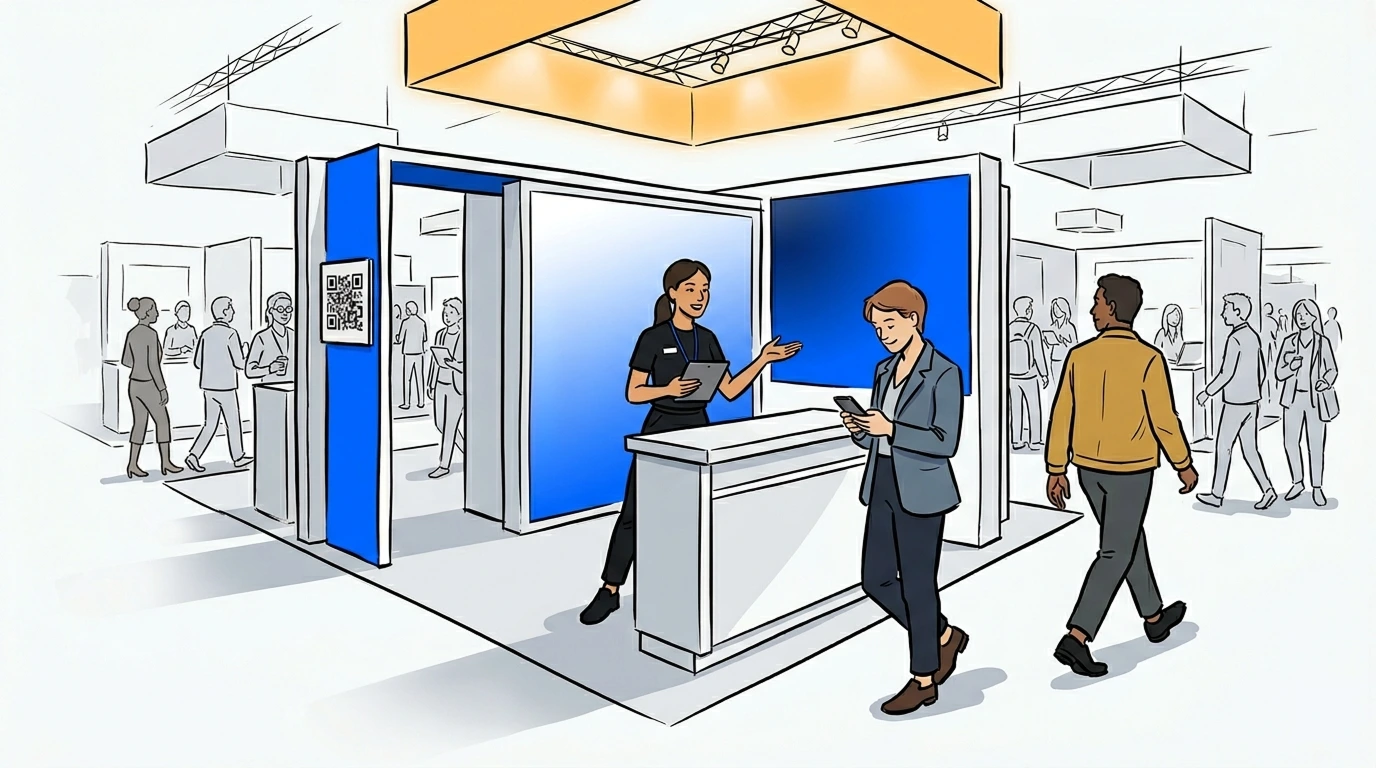 Exhibitor staff managing trade show booth traffic with a digital queue to convert every visitor