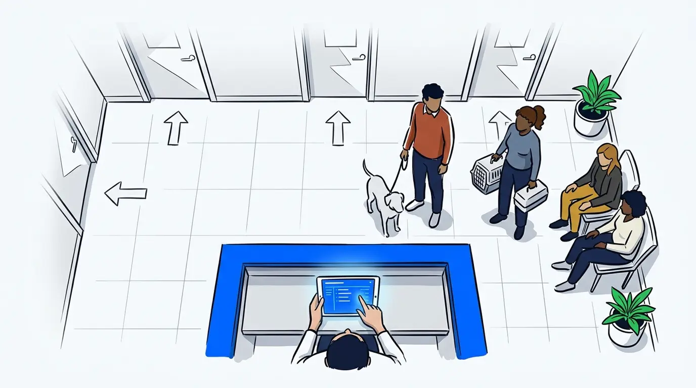 NextMe veterinary clinic queue system close-up of staff tablet at reception desk