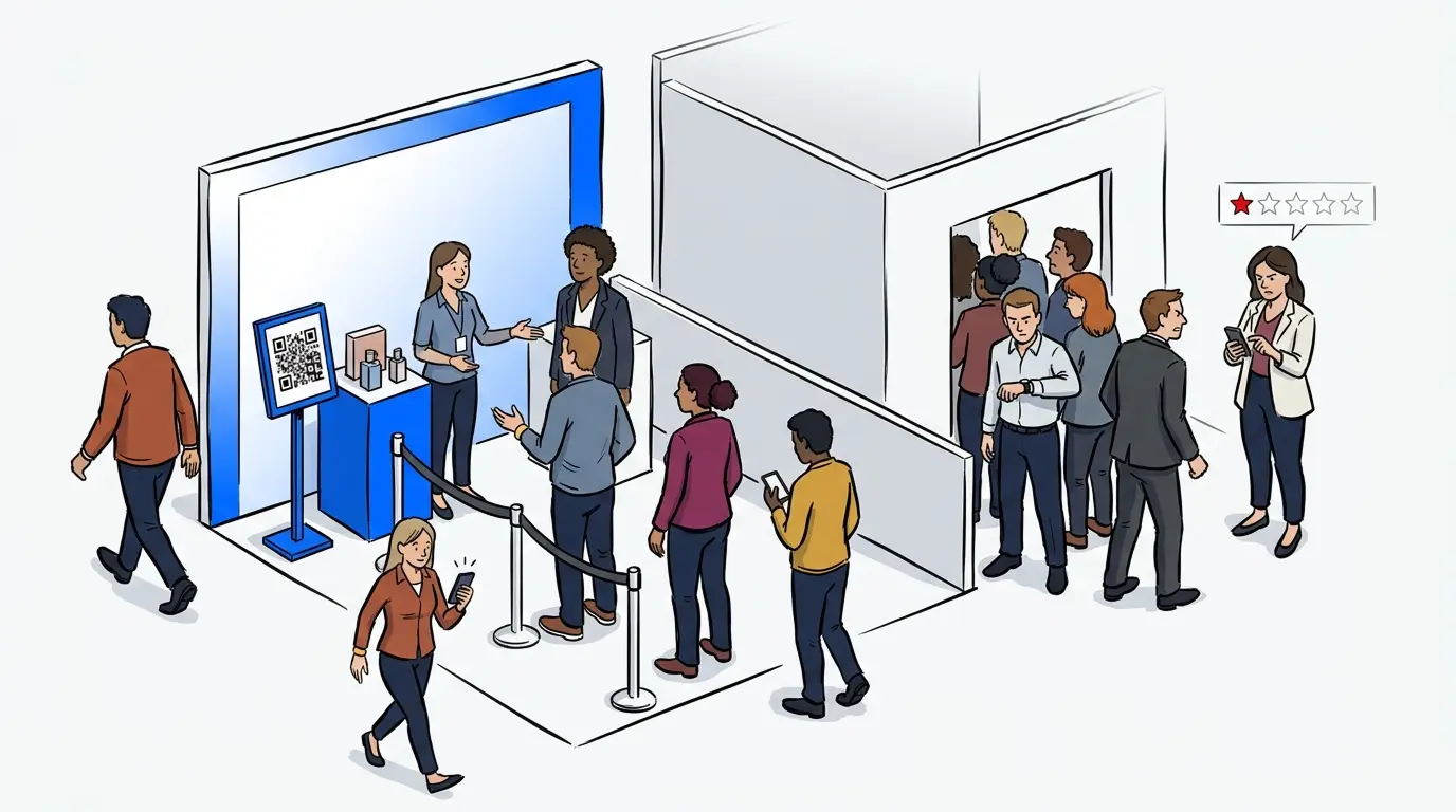 Illustration comparing two event activations, one with an orderly virtual queue and one with a chaotic crowd and a one-star review.
