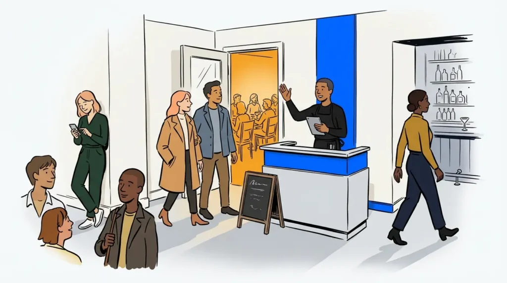 Host managing a walk-in restaurant queue with a digital waitlist app at a busy dinner service