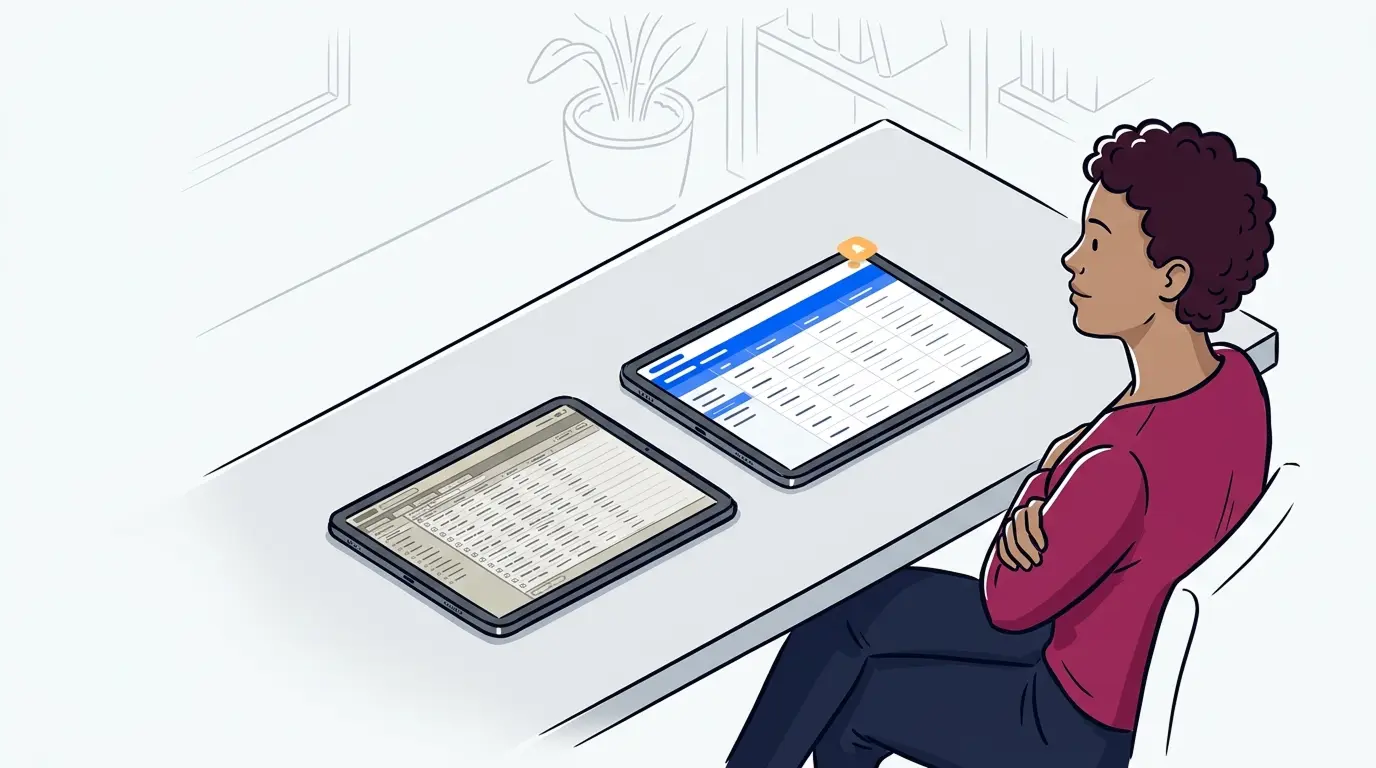 Business operator evaluating Waitlist Me vs NextMe interfaces on two tablets side by side