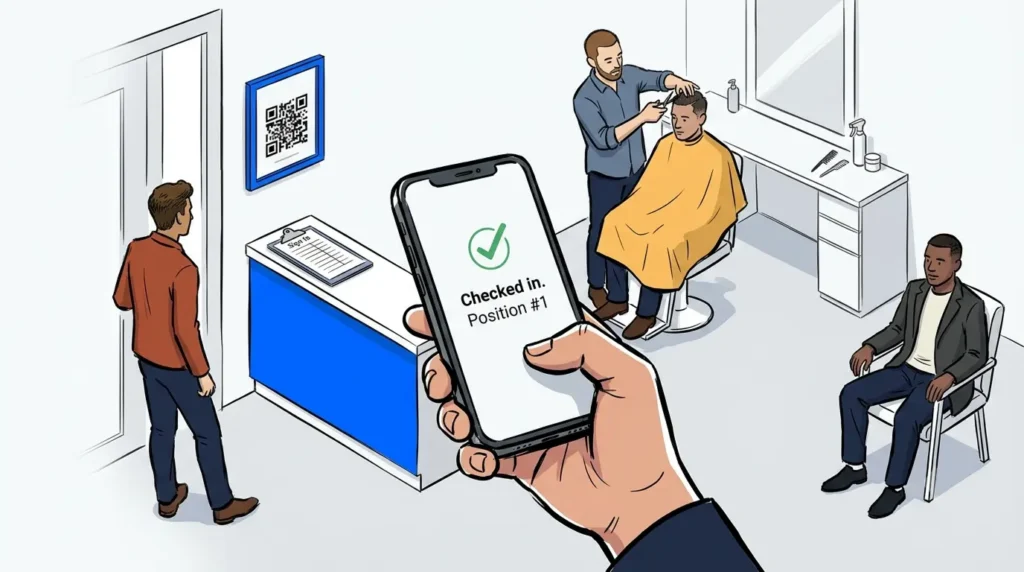 Client checking in on a barbershop waitlist app with a QR code at the shop entrance