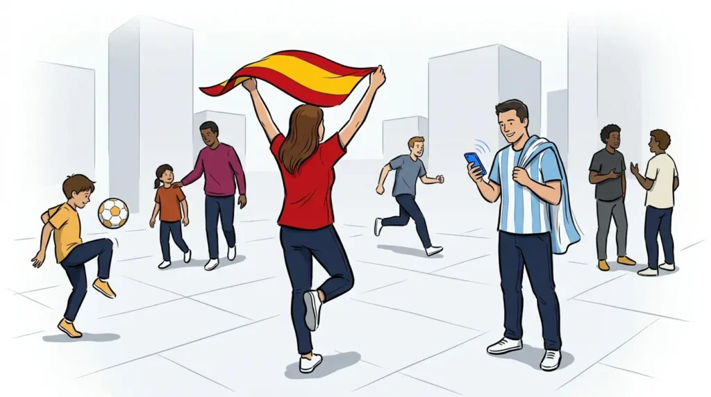 Brand activation crowd management at a World Cup fan zone, a guest checking in by phone in a crowd
