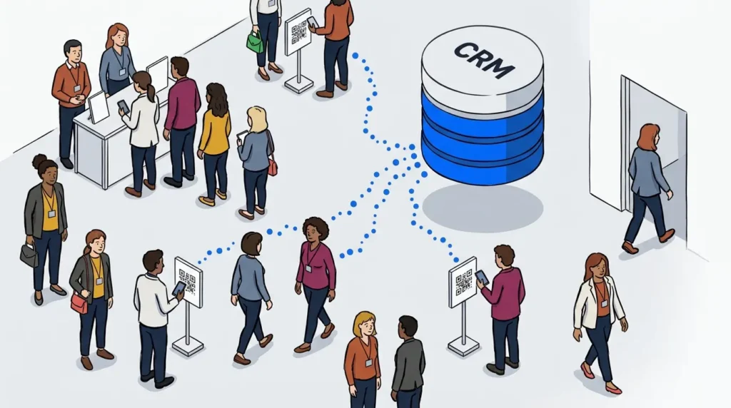Isometric illustration of a conference check-in app with data trails from activation station scans flowing into a central data stack