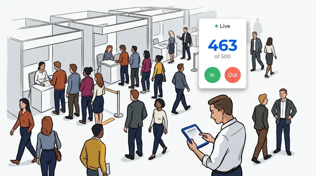 An event organizer using event capacity management software on a tablet to oversee booths, queues, and crowd flow.
