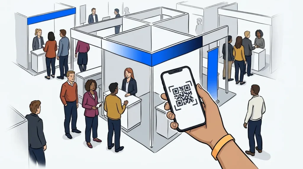 NextMe vs ScanQueue for events, a hand scanning a QR code to join a virtual queue on a conference floor.
