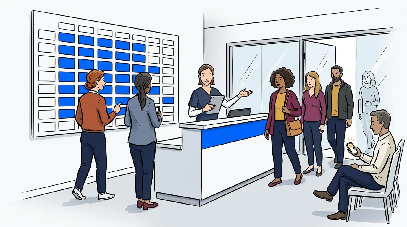 Healthcare clinic reception contrasting a patient scheduling software appointment board with a live walk-in patient queue