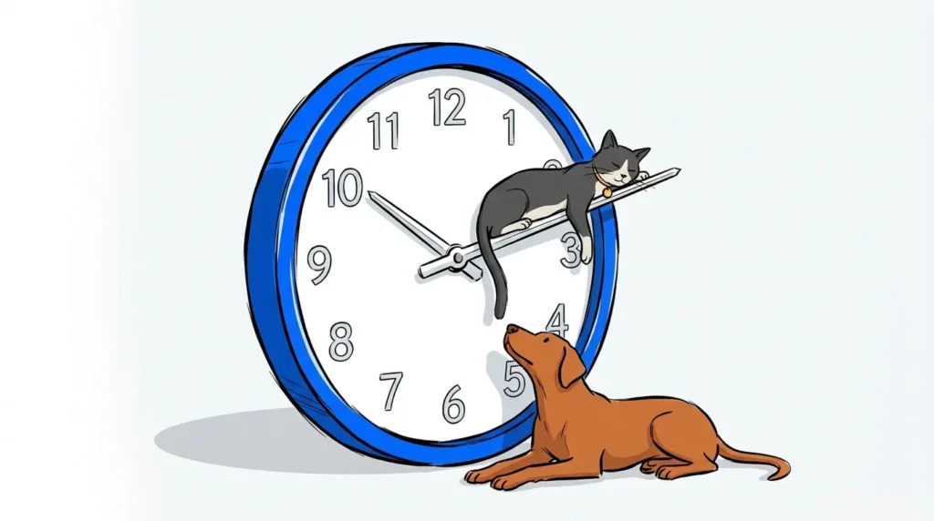 A cat and dog resting calmly on clock hands, representing reduced wait times at a vet clinic