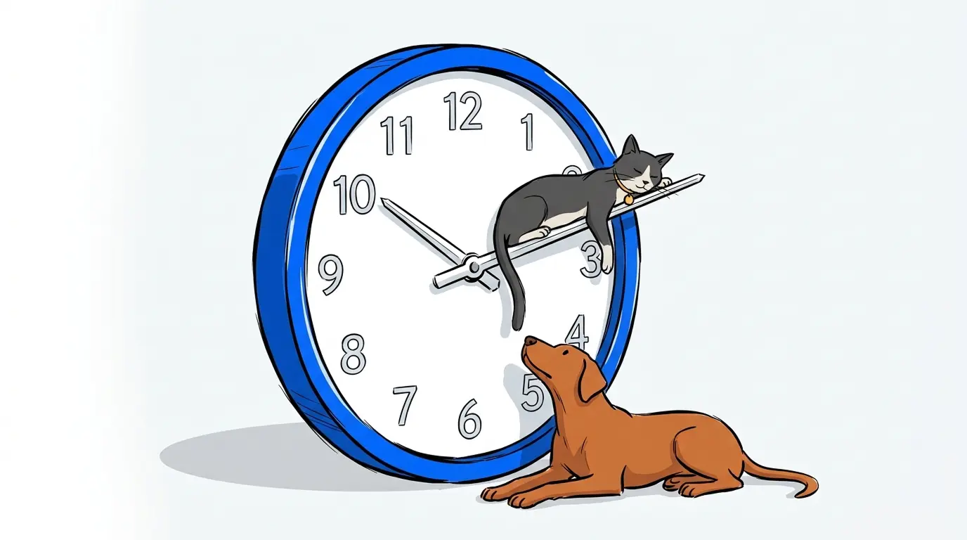 A cat and dog resting calmly on clock hands, representing reduced wait times at a vet clinic