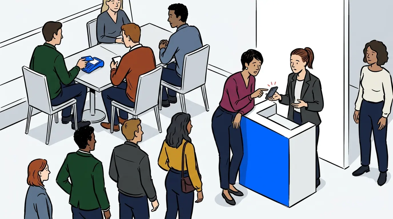 Restaurant scene contrasting smooth POS payment with a confused guest pointing at a phone at the host stand